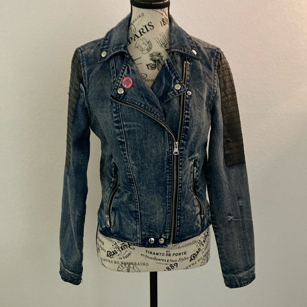 Denim and Faux Leather Biker Jacket by New Look Size M